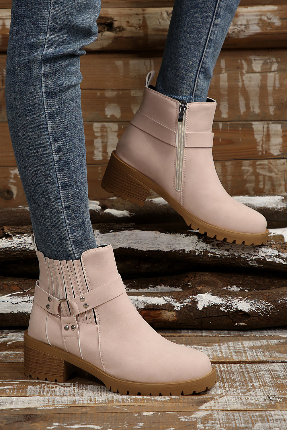 Beige Ring Linked Zipper Chunky Heel Ankle Boots - MAD RUFFI