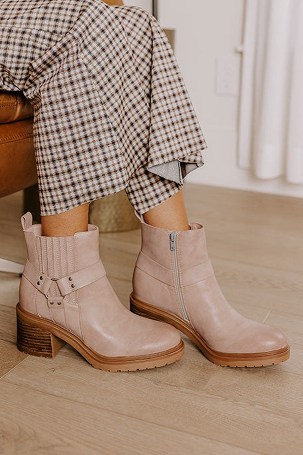 Beige Ring Linked Zipper Chunky Heel Ankle Boots - MAD RUFFI