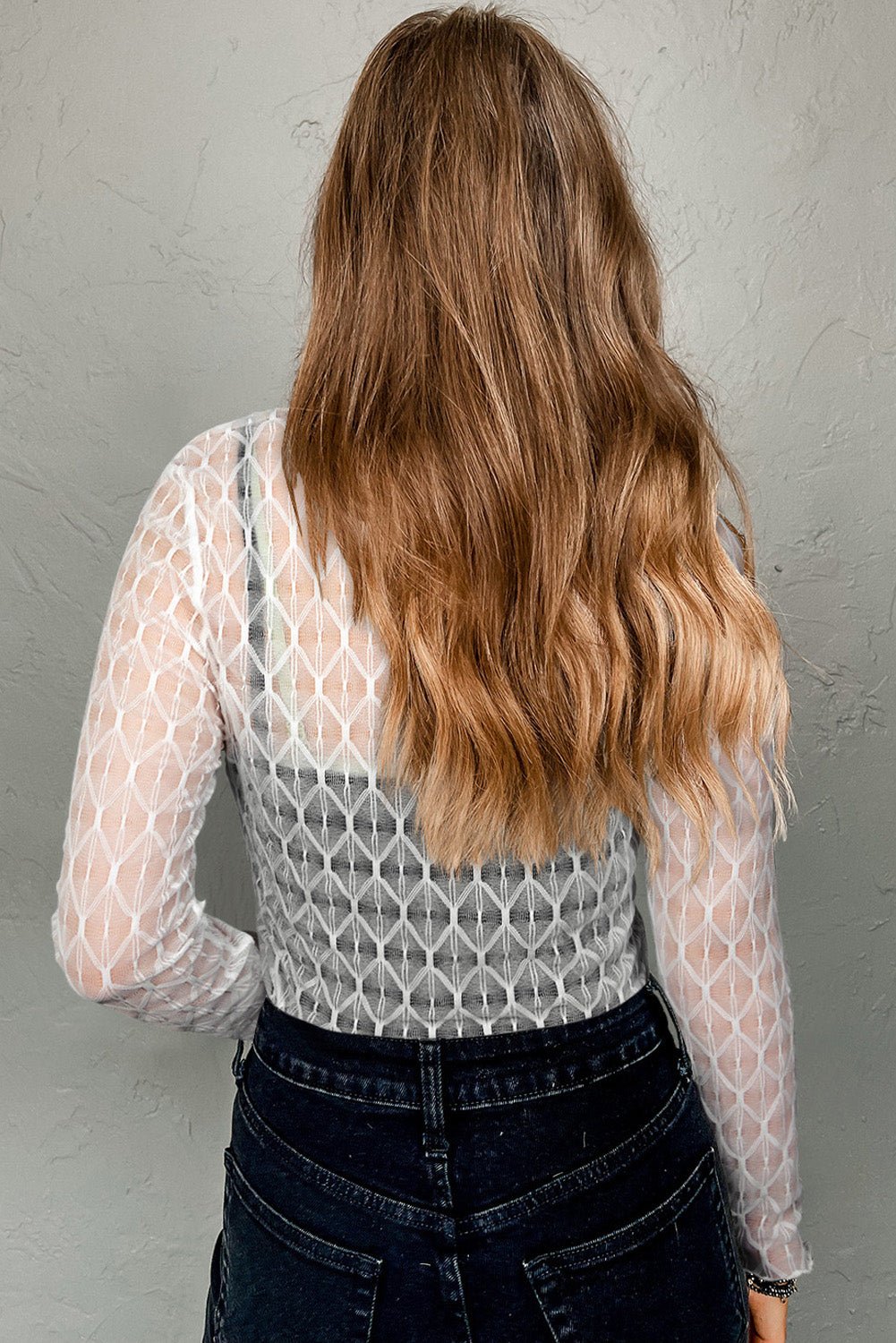 beige sheer mesh lettuce trim slim long sleeve top - MAD RUFFI