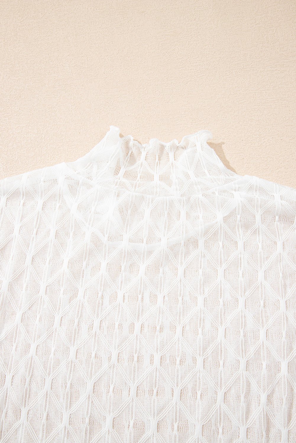 beige sheer mesh lettuce trim slim long sleeve top - MAD RUFFI