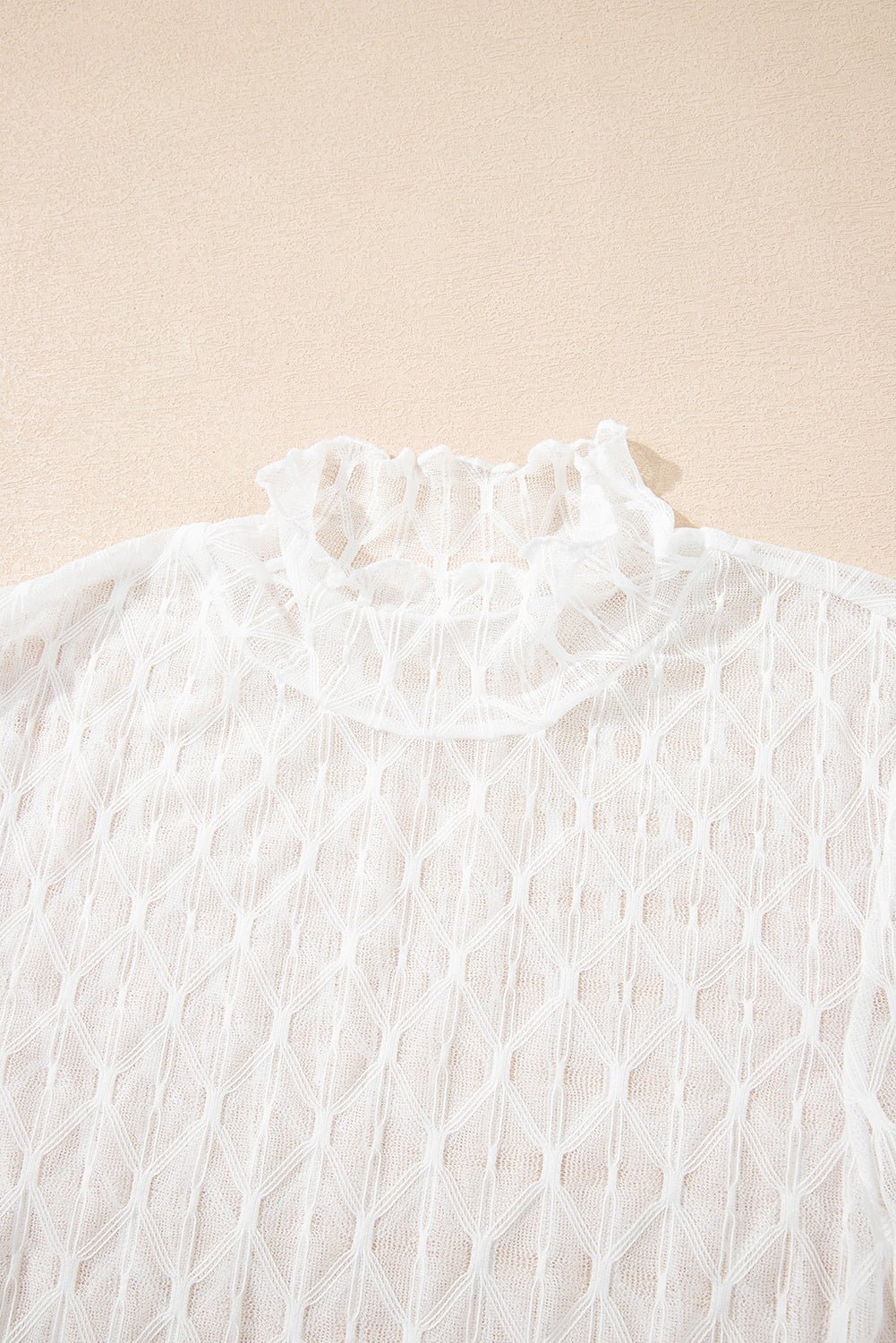 beige sheer mesh lettuce trim slim long sleeve top - MAD RUFFI