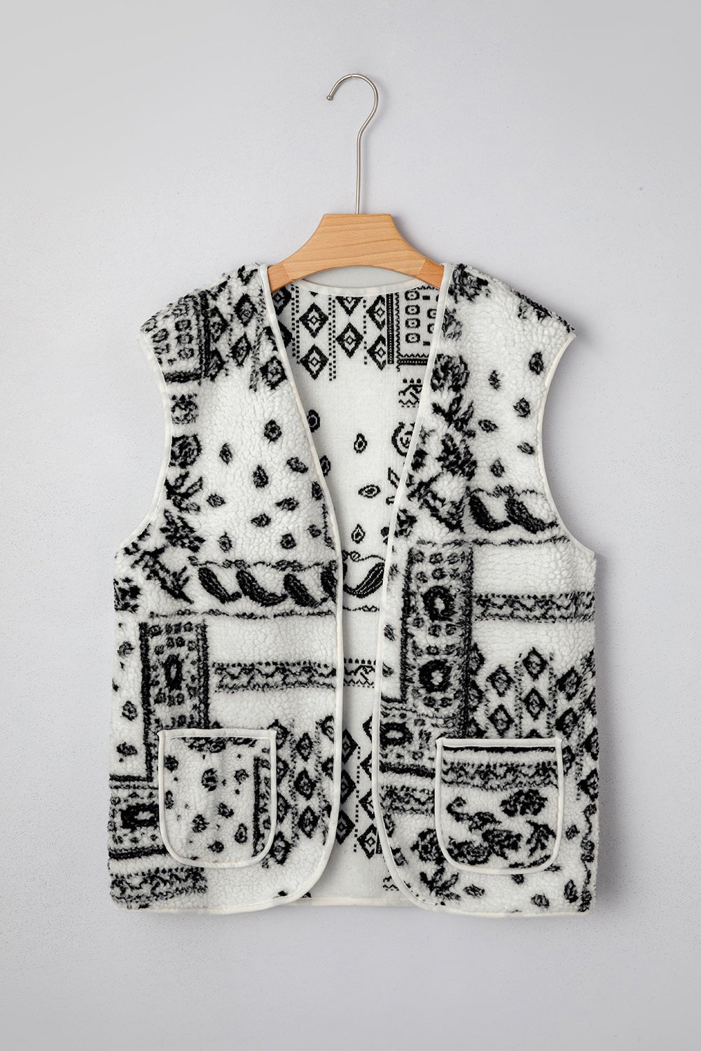 Beige Sherpa Paisley Print Pocketed Fashion Vest Jacket - MAD RUFFI