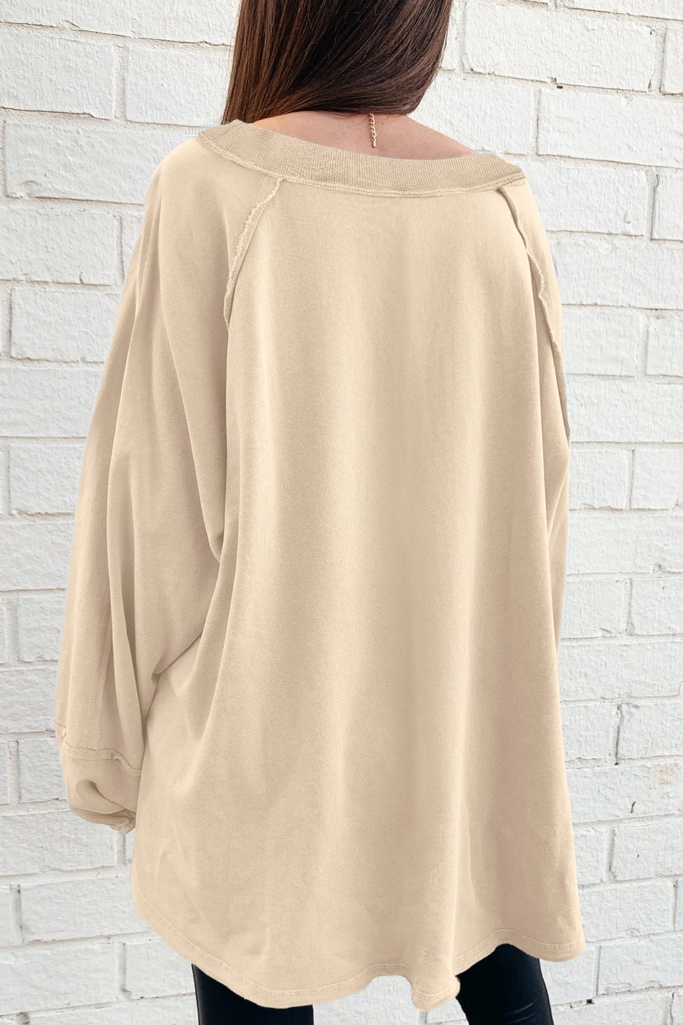 Beige Solid Color Raw Seam Patchwork Baggy Sweatshirt - MAD RUFFI