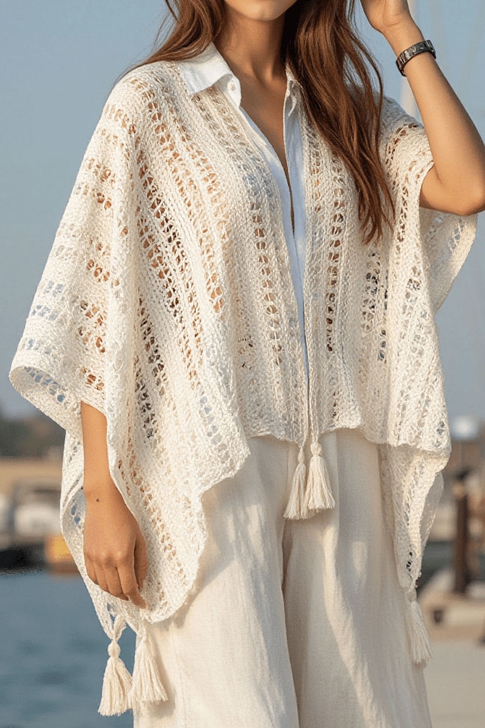 Beige Solid Color Tassel Open Front Knit Cover Up - MAD RUFFI