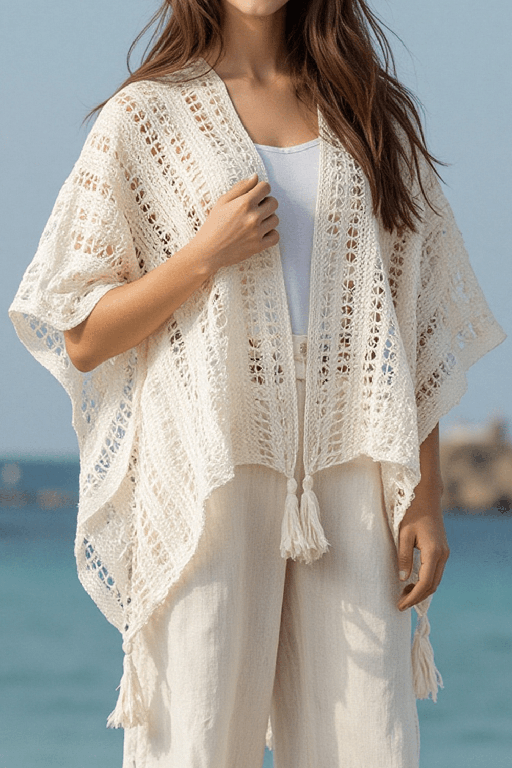 Beige Solid Color Tassel Open Front Knit Cover Up - MAD RUFFI