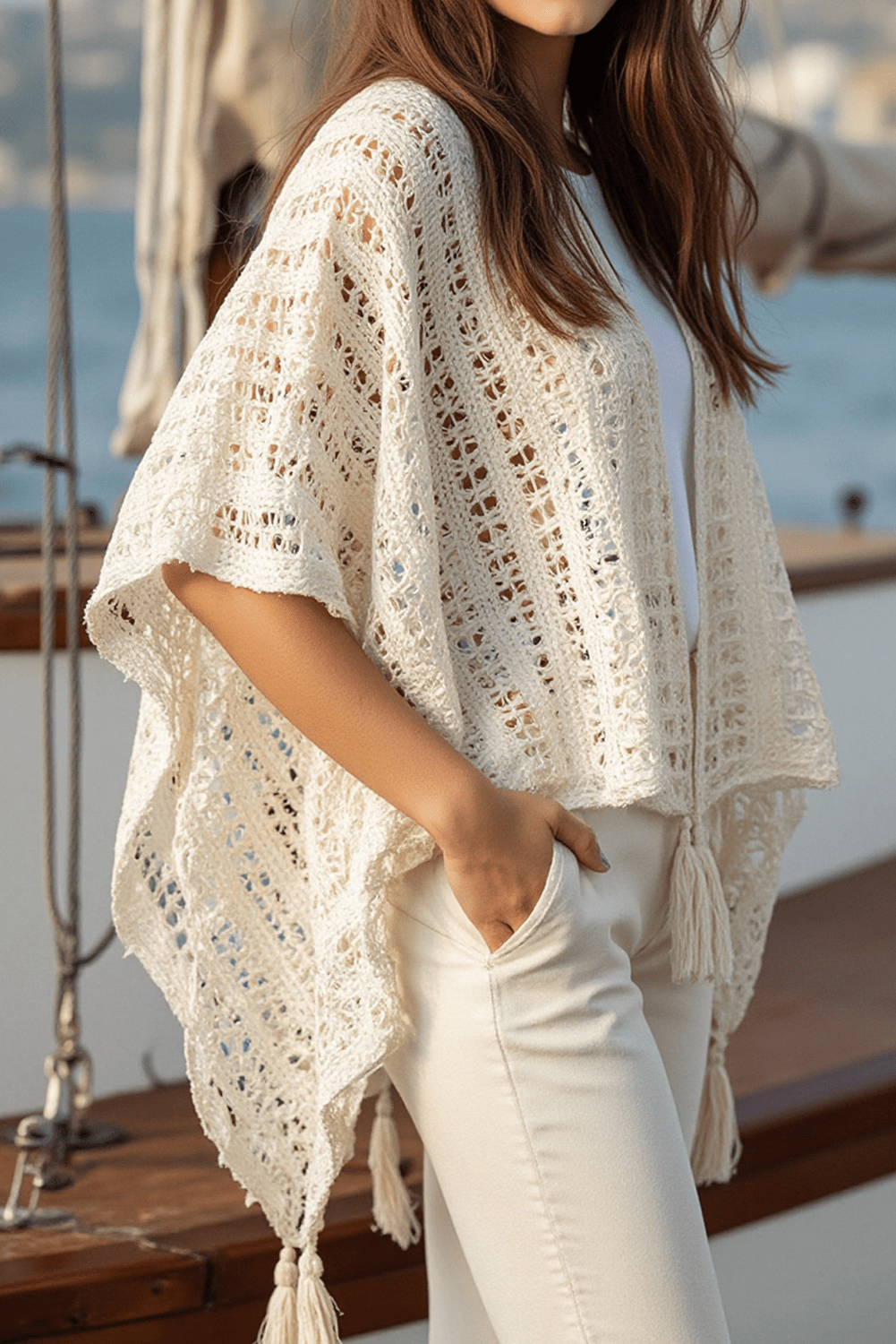 Beige Solid Color Tassel Open Front Knit Cover Up - MAD RUFFI