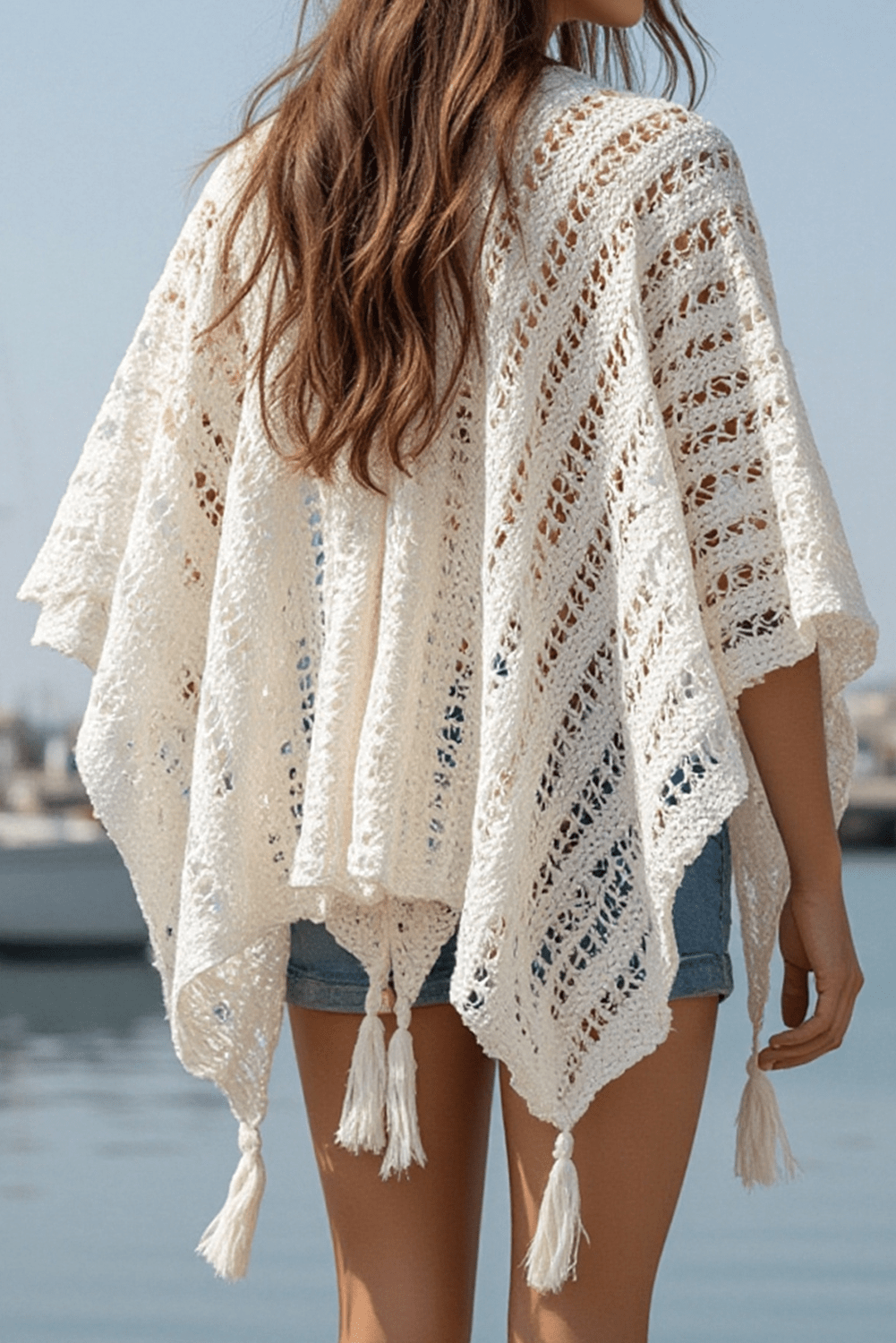 Beige Solid Color Tassel Open Front Knit Cover Up - MAD RUFFI