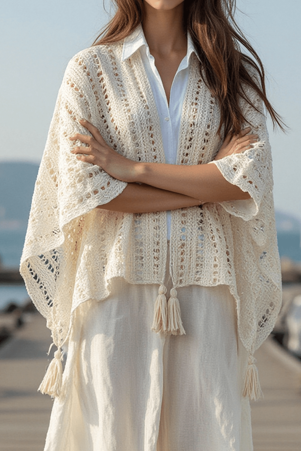 Beige Solid Color Tassel Open Front Knit Cover Up - MAD RUFFI