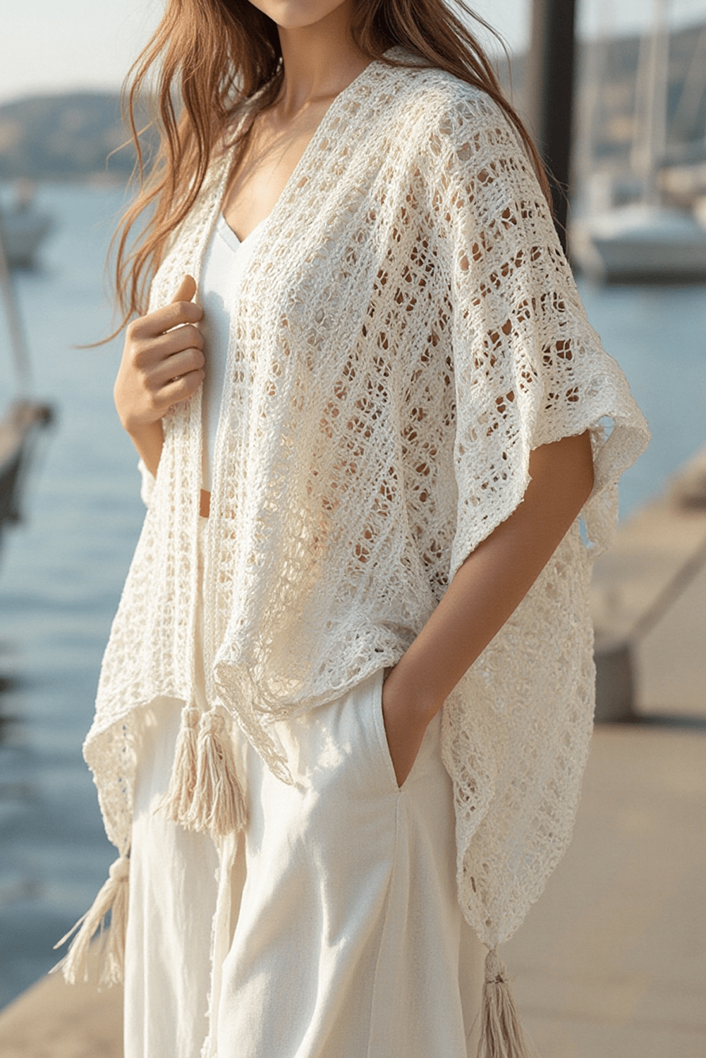 Beige Solid Color Tassel Open Front Knit Cover Up - MAD RUFFI