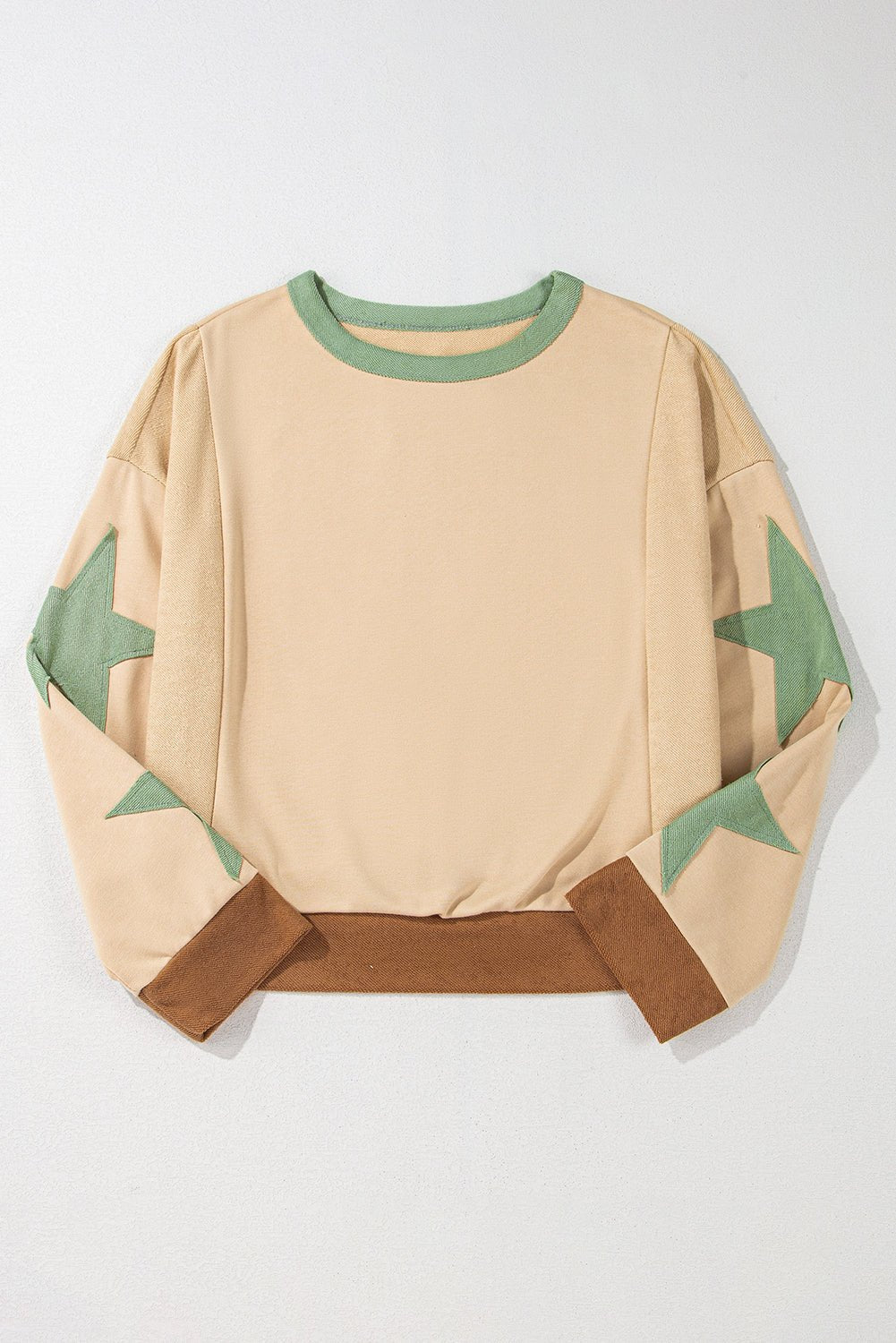 Beige Star Patchwork Exposed Seam Oversized Sweatshirt - MAD RUFFI