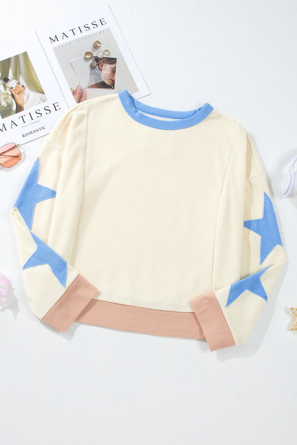 Beige Star Patchwork Exposed Seam Oversized Sweatshirt - MAD RUFFI