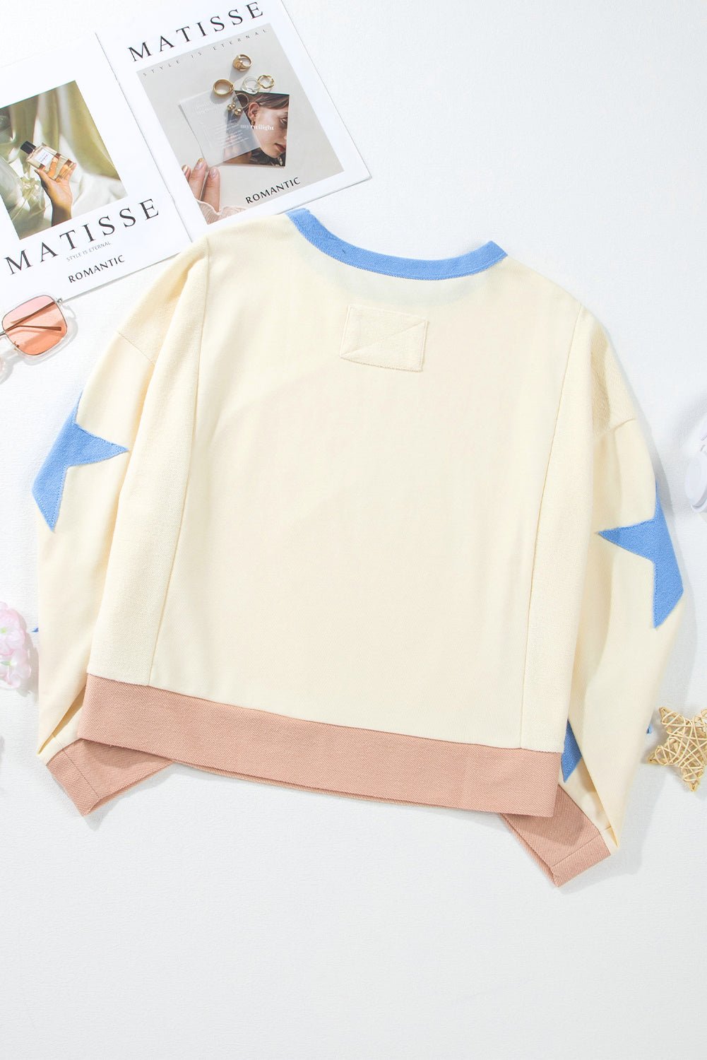 Beige Star Patchwork Exposed Seam Oversized Sweatshirt - MAD RUFFI