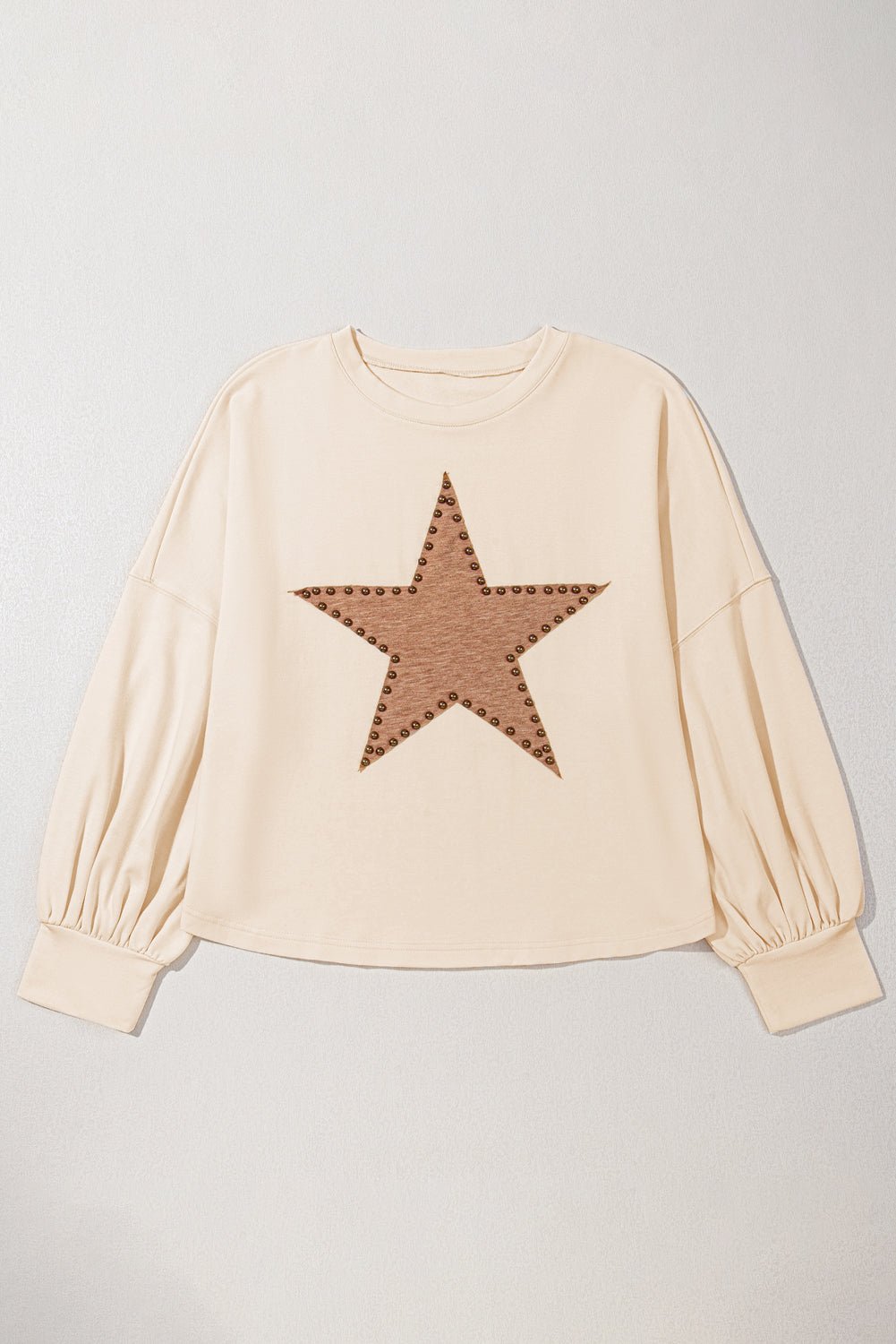 Beige Star Pattern Studded Crew Neck Plus Size Top - MAD RUFFI