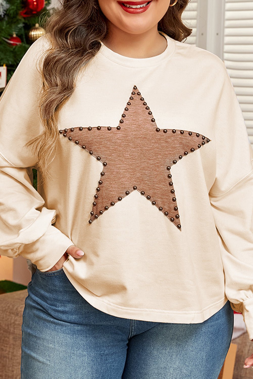 Beige Star Pattern Studded Crew Neck Plus Size Top - MAD RUFFI