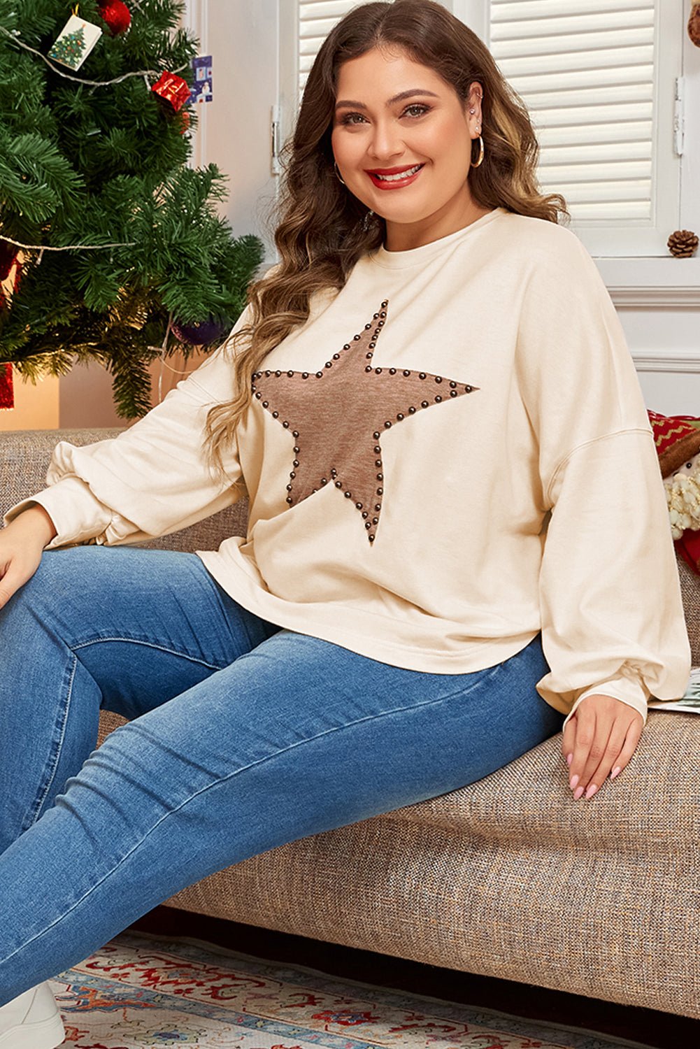 Beige Star Pattern Studded Crew Neck Plus Size Top - MAD RUFFI