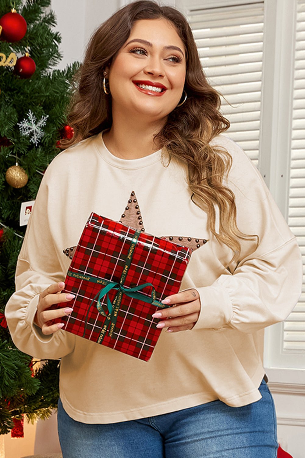 Beige Star Pattern Studded Crew Neck Plus Size Top - MAD RUFFI