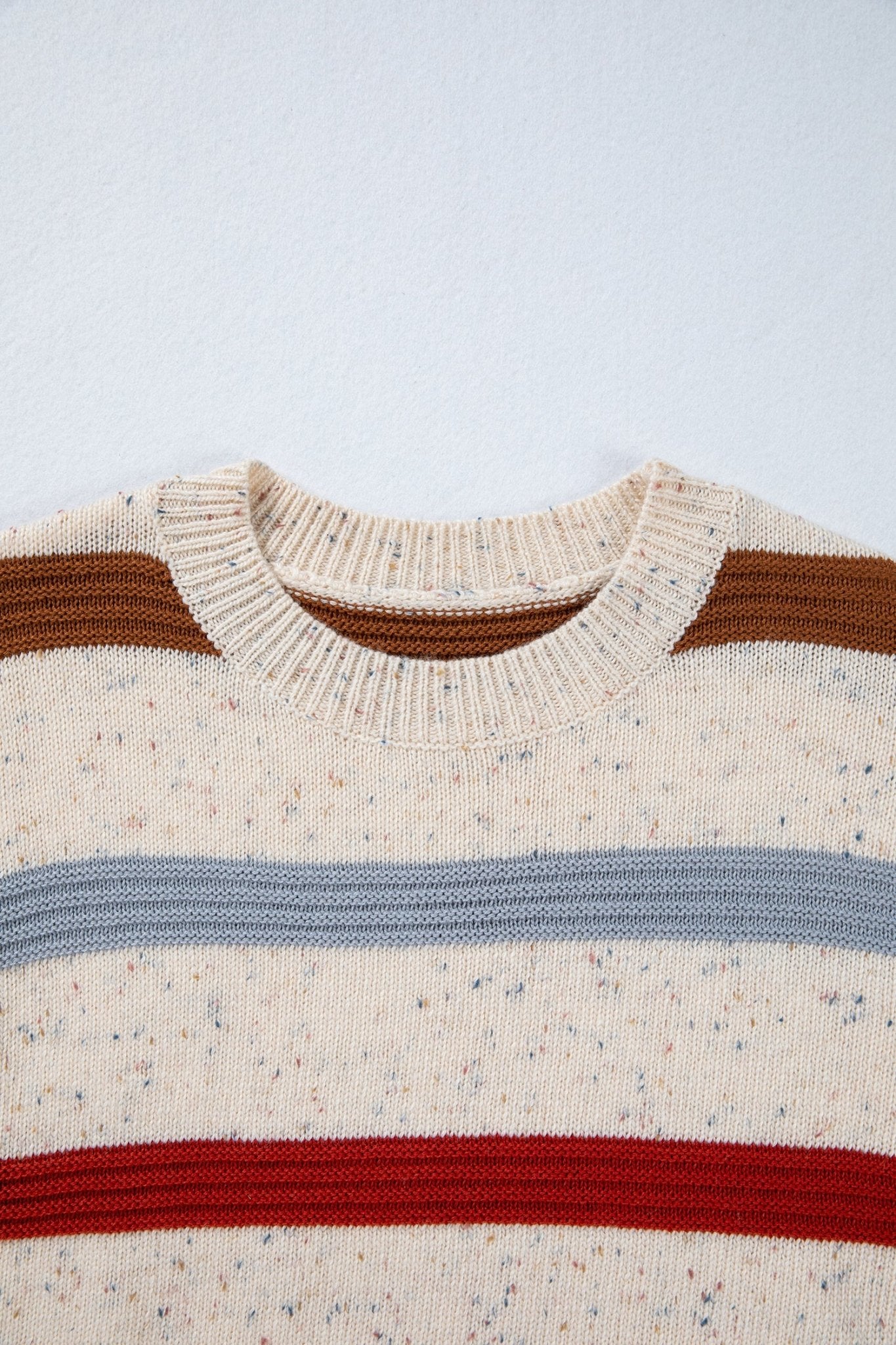 Beige Stripe Exposed Seam Drop Shoulder Heathered Knit Sweater - MAD RUFFI