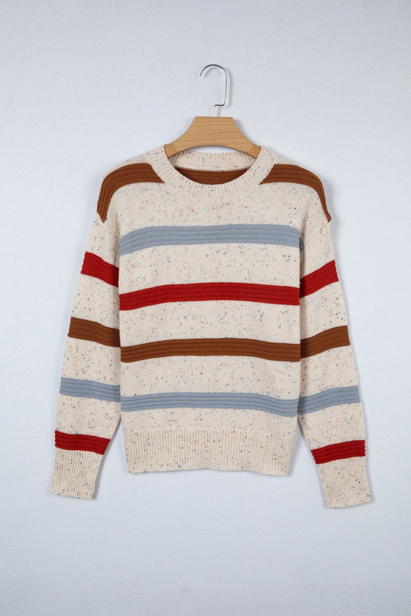 Beige Stripe Exposed Seam Drop Shoulder Heathered Knit Sweater - MAD RUFFI