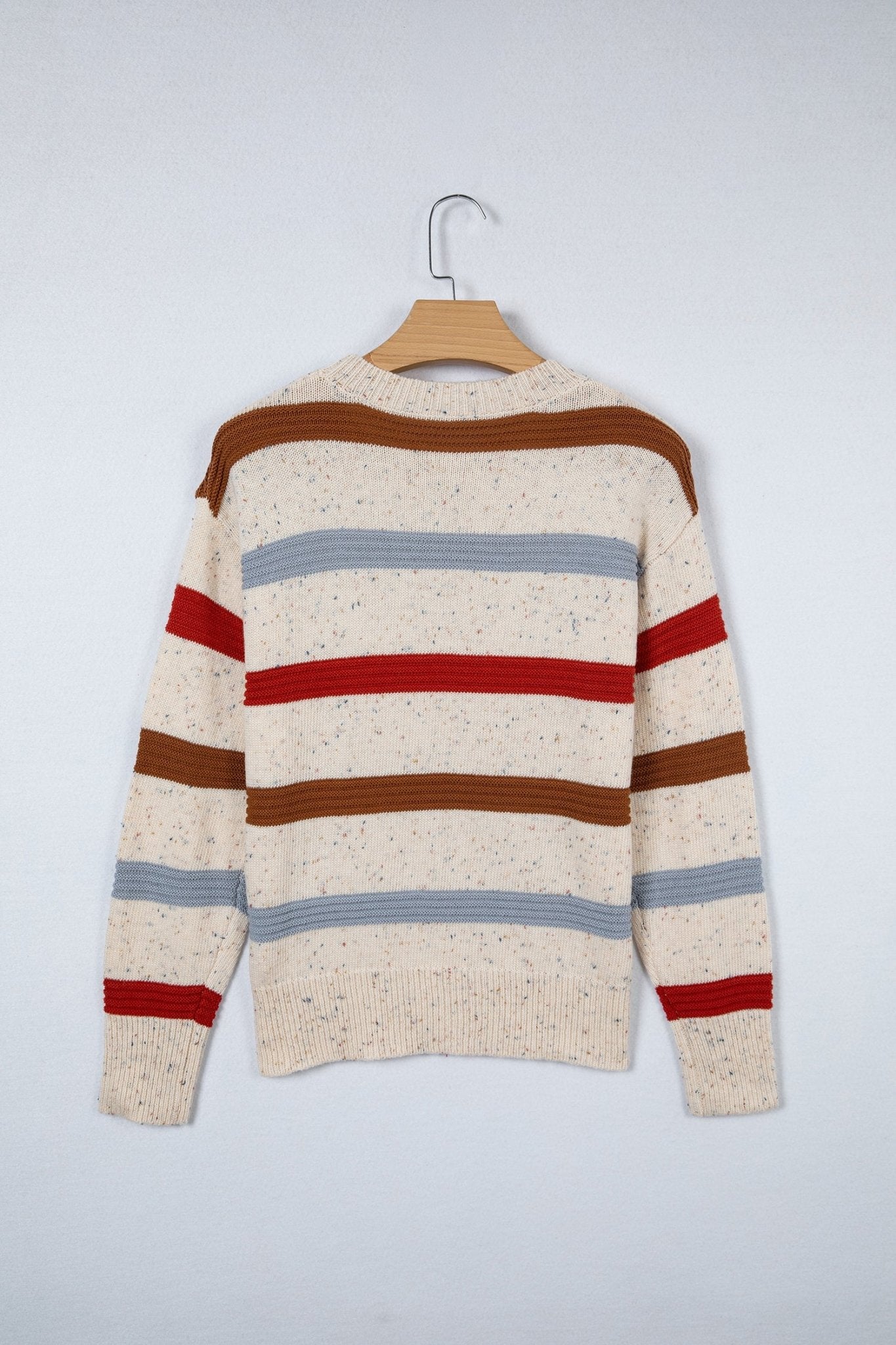 Beige Stripe Exposed Seam Drop Shoulder Heathered Knit Sweater - MAD RUFFI