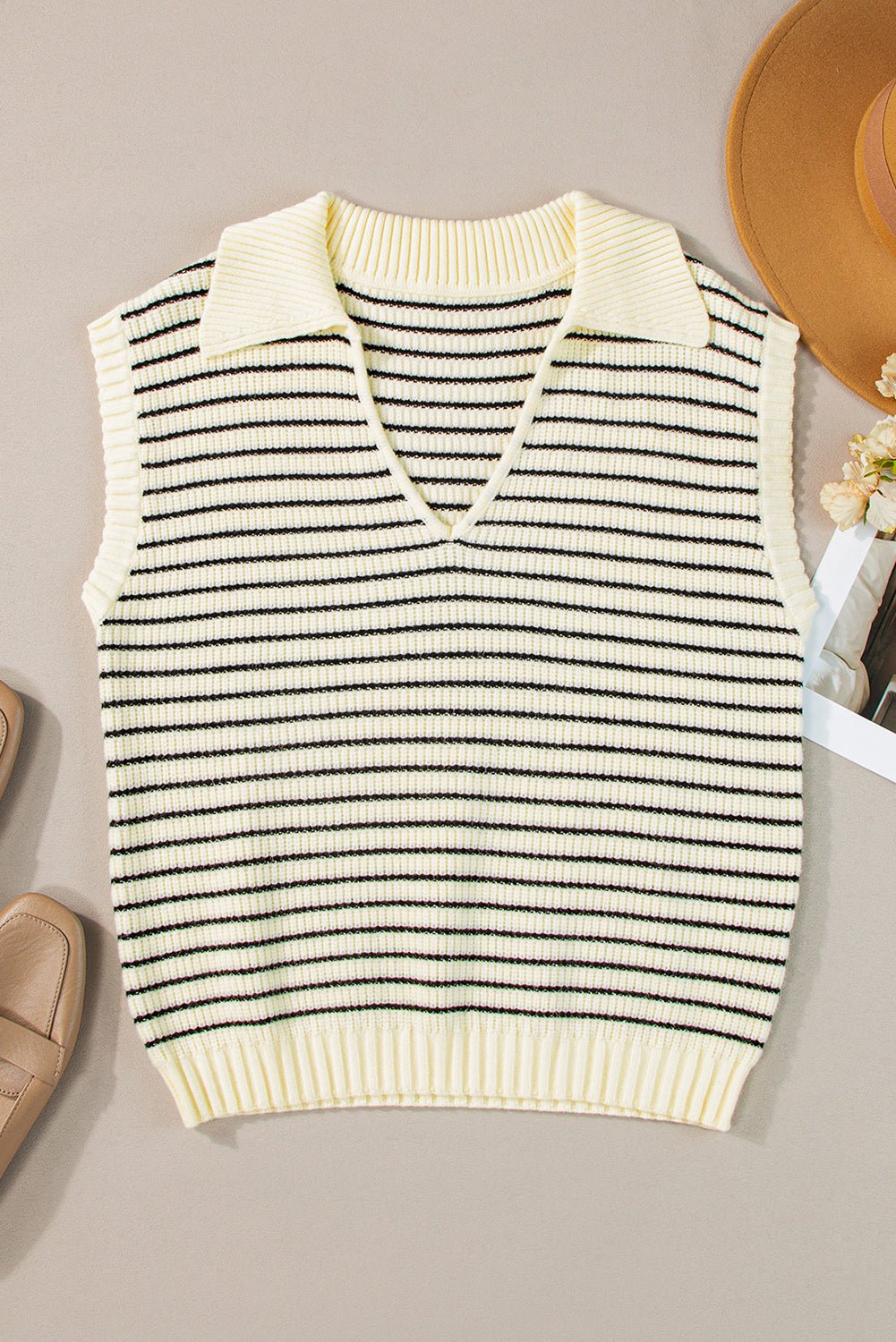 Beige Stripe Turn - down Collar Sleeveless Knitted Top - MAD RUFFI