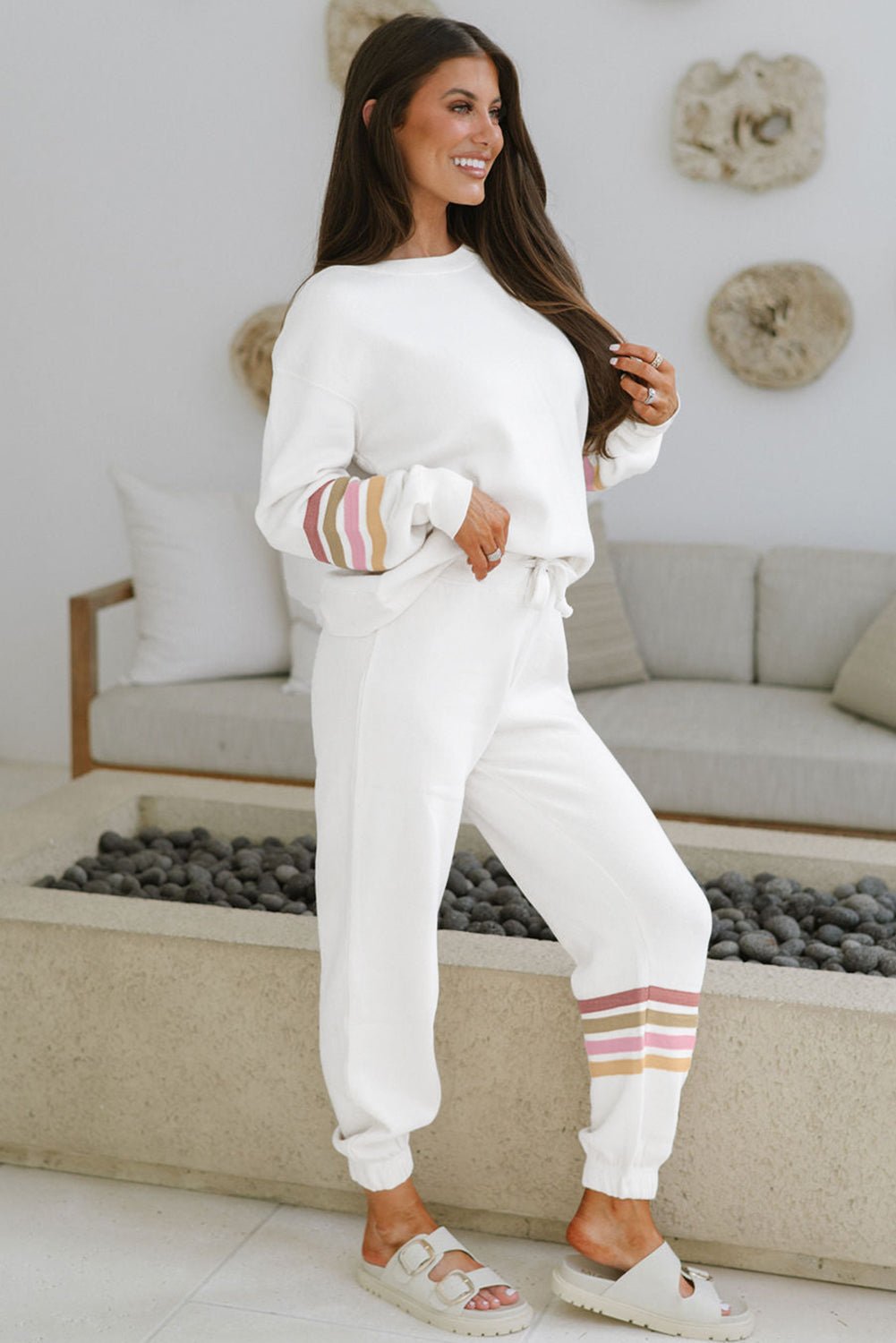 Beige Striped Drop Shoulder Pullover and Jogger Pants Active Outfit - MAD RUFFI
