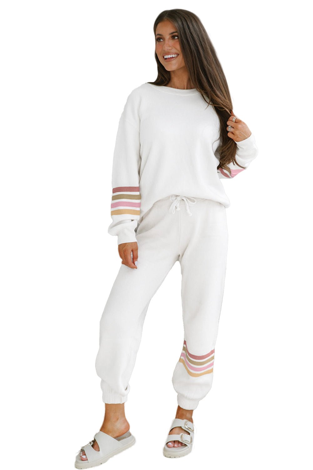 Beige Striped Drop Shoulder Pullover and Jogger Pants Active Outfit - MAD RUFFI