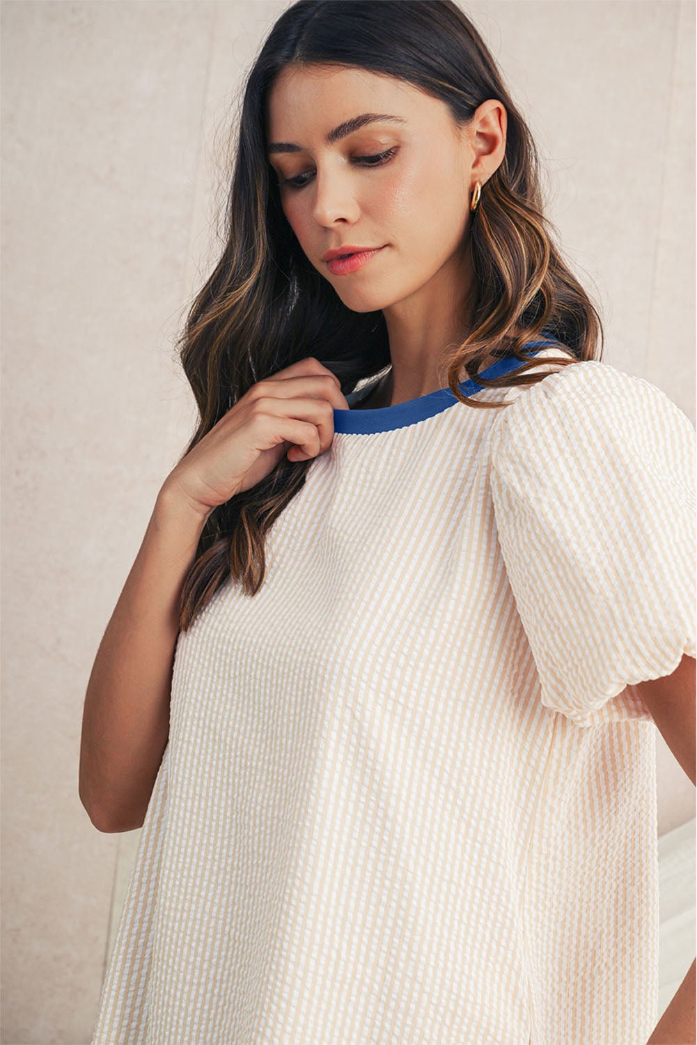 Beige Striped Print Puff Sleeve Textured Mini Dress - MAD RUFFI