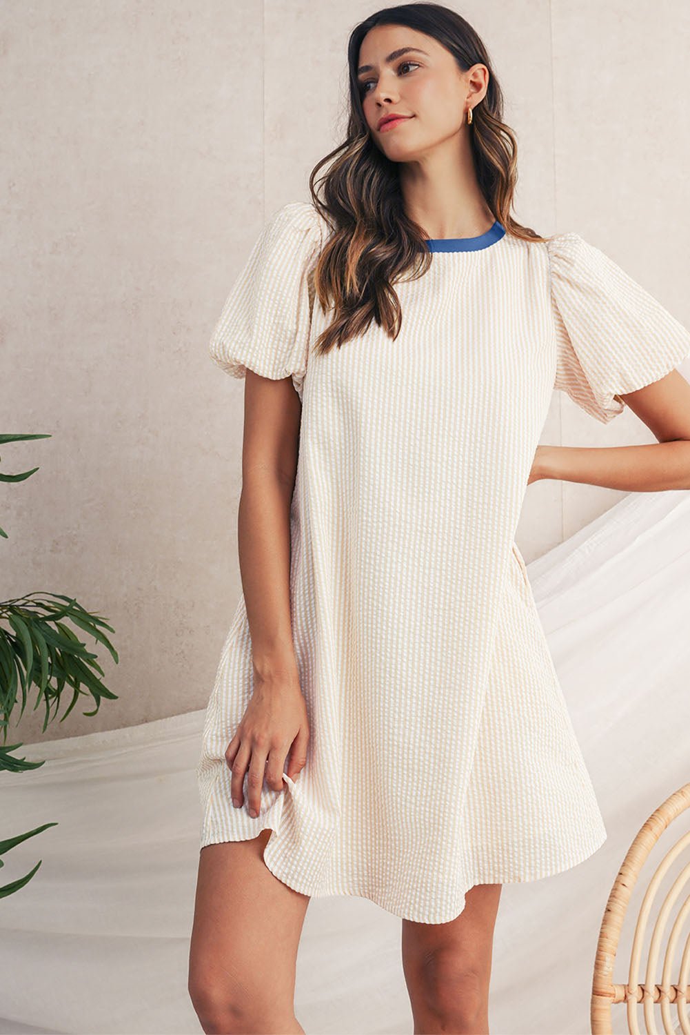 Beige Striped Print Puff Sleeve Textured Mini Dress - MAD RUFFI