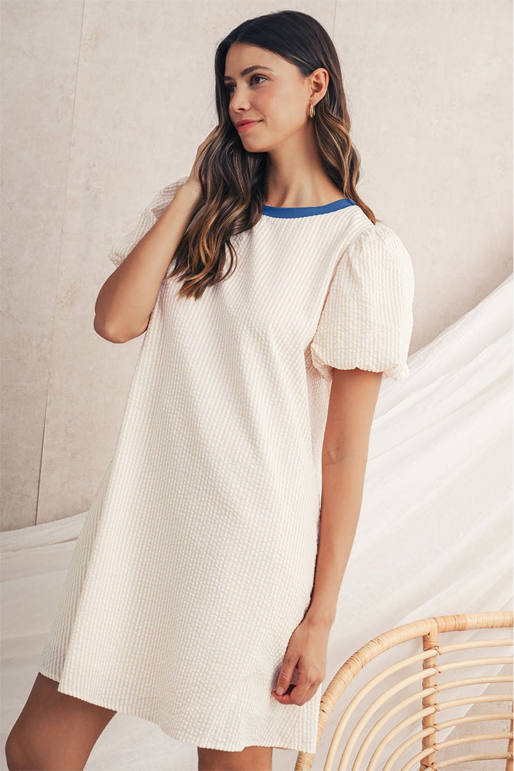 Beige Striped Print Puff Sleeve Textured Mini Dress - MAD RUFFI