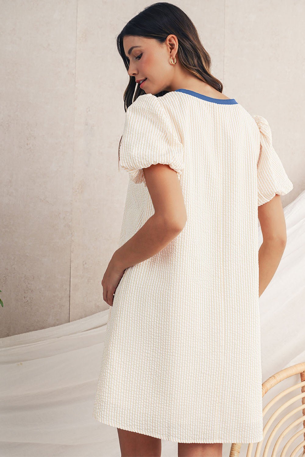 Beige Striped Print Puff Sleeve Textured Mini Dress - MAD RUFFI