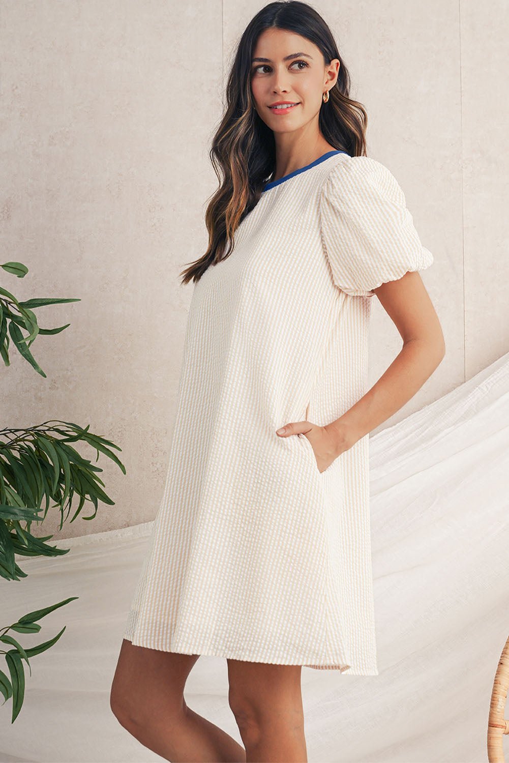 Beige Striped Print Puff Sleeve Textured Mini Dress - MAD RUFFI