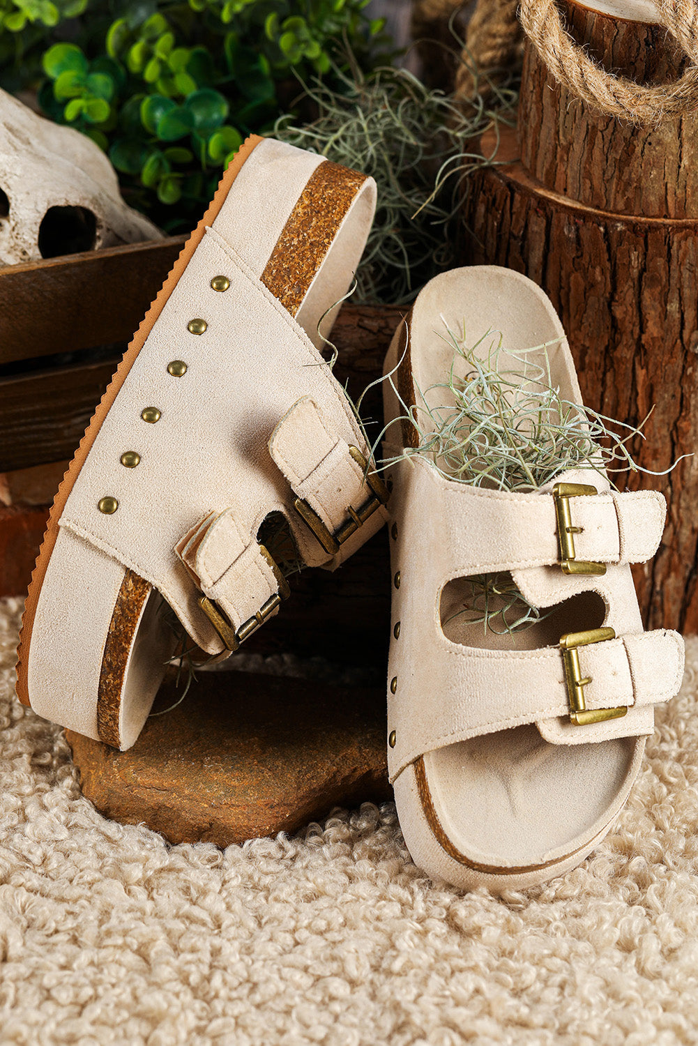 Beige Suede Buckle Decor Corky Platform Slides Shoes - MAD RUFFI