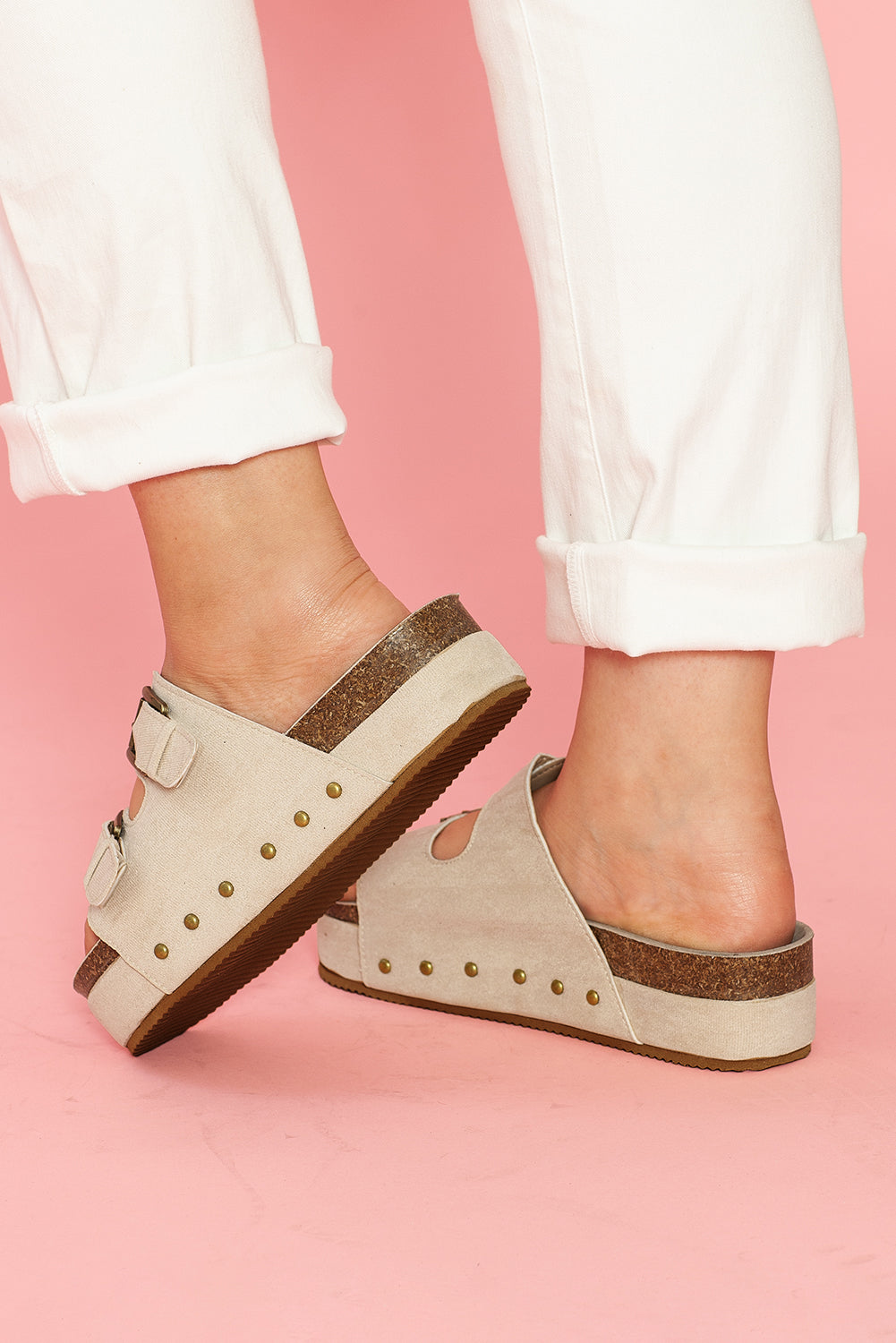 Beige Suede Buckle Decor Corky Platform Slides Shoes - MAD RUFFI