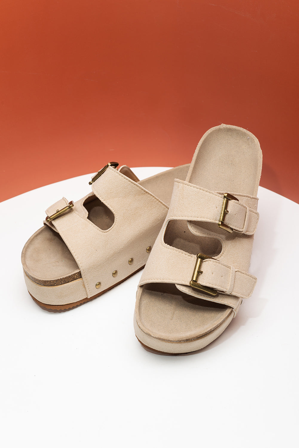 Beige Suede Buckle Decor Corky Platform Slides Shoes - MAD RUFFI