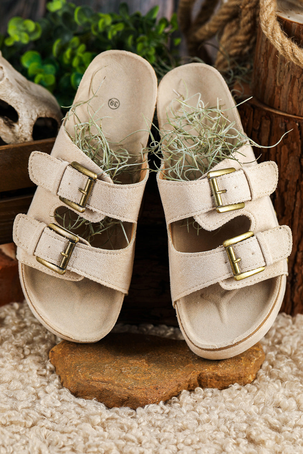 Beige Suede Buckle Decor Corky Platform Slides Shoes - MAD RUFFI