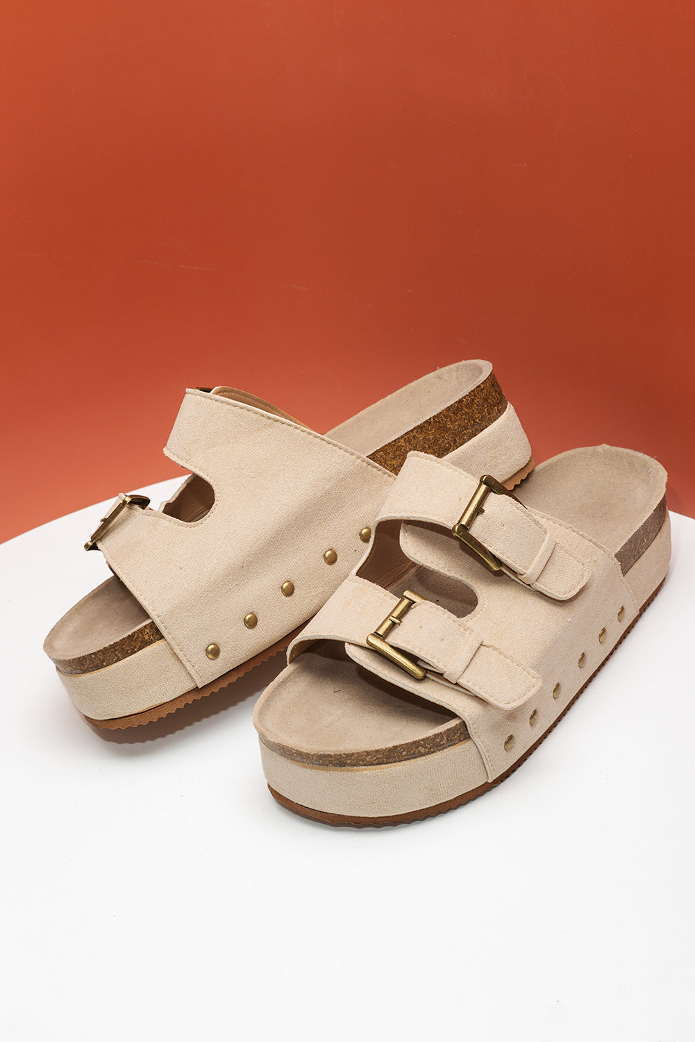 Beige Suede Buckle Decor Corky Platform Slides Shoes - MAD RUFFI