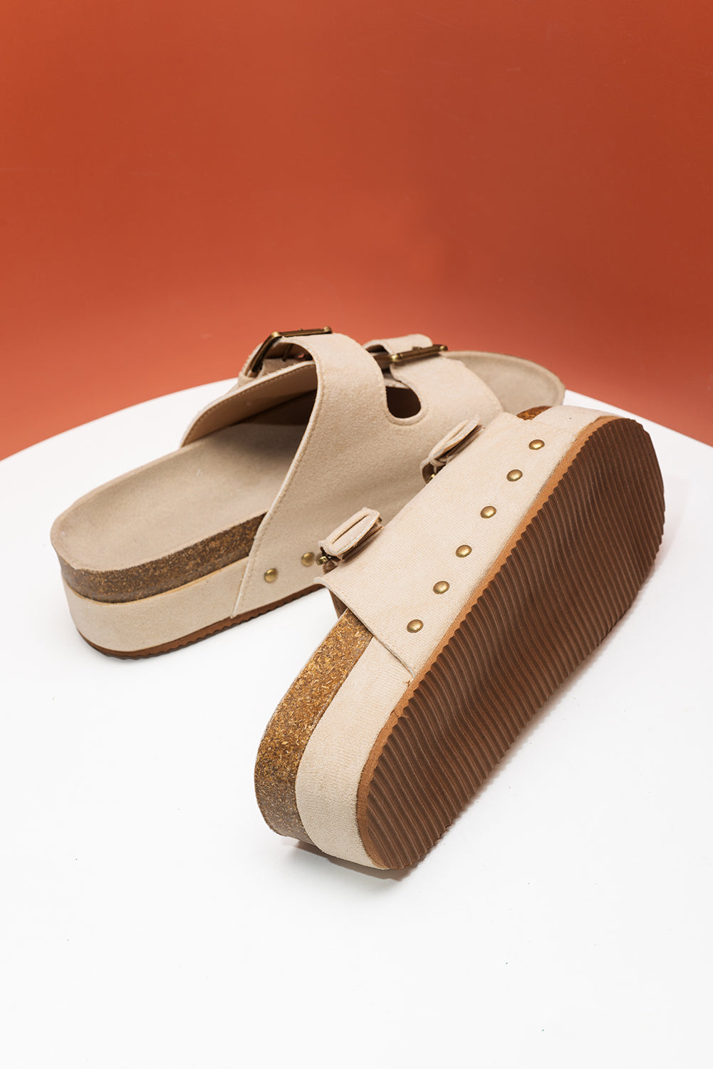 Beige Suede Buckle Decor Corky Platform Slides Shoes - MAD RUFFI