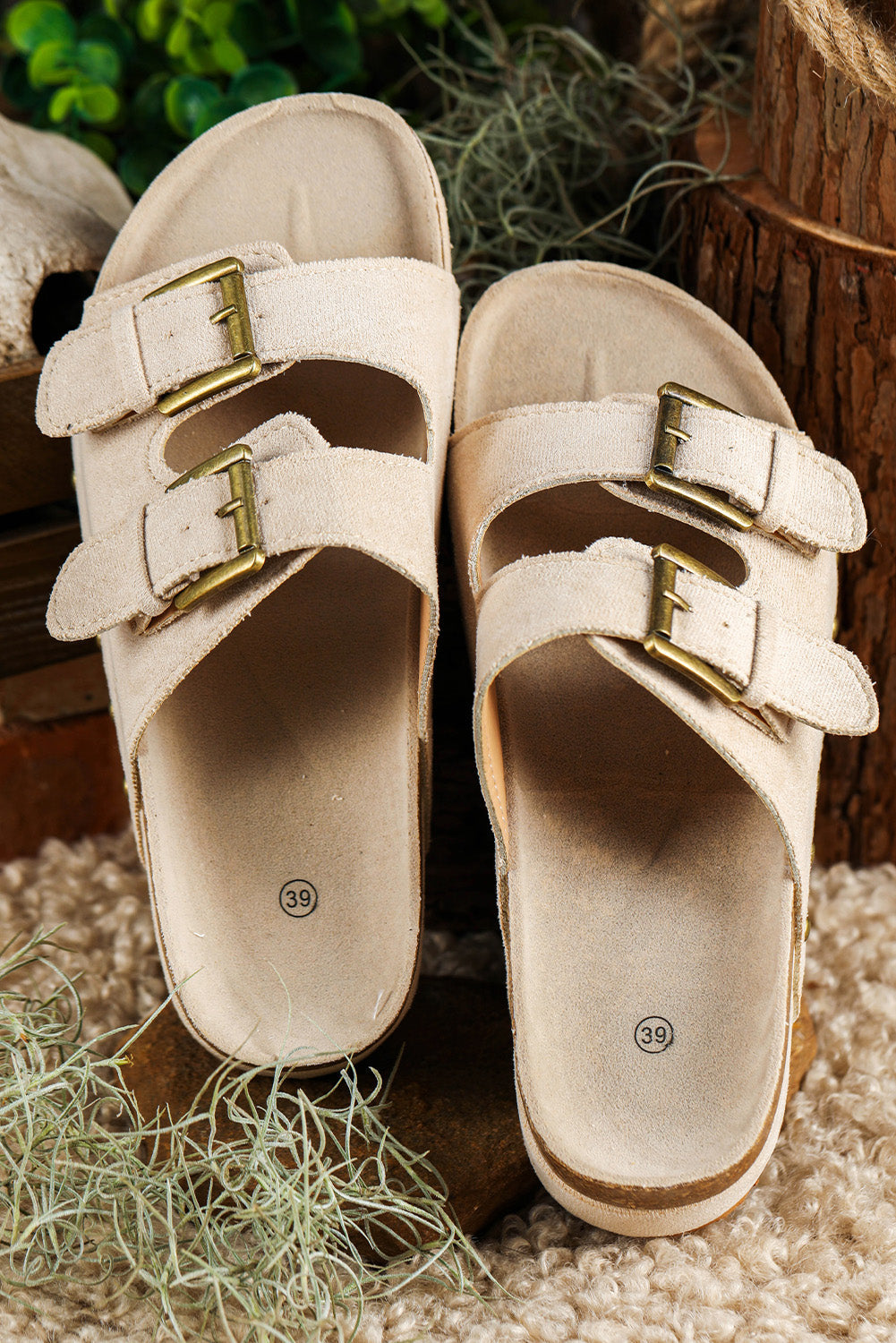 Beige Suede Buckle Decor Corky Platform Slides Shoes - MAD RUFFI