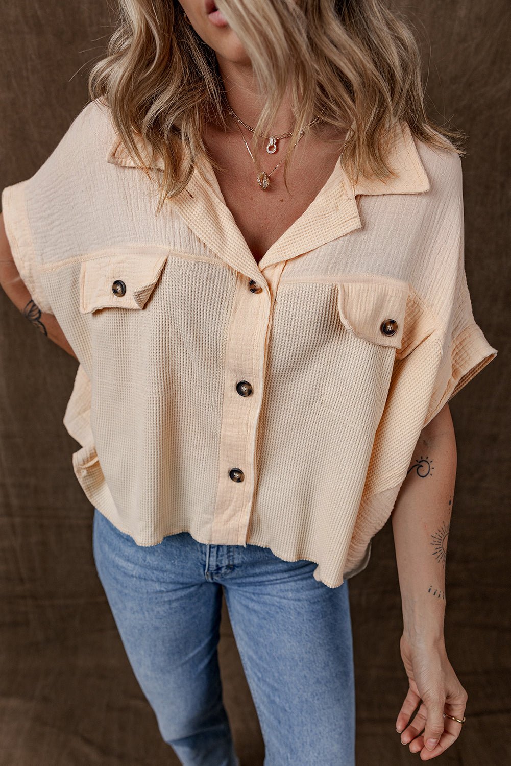 beige waffle crinkle patchwork short batwing sleeve shirt - MAD RUFFI