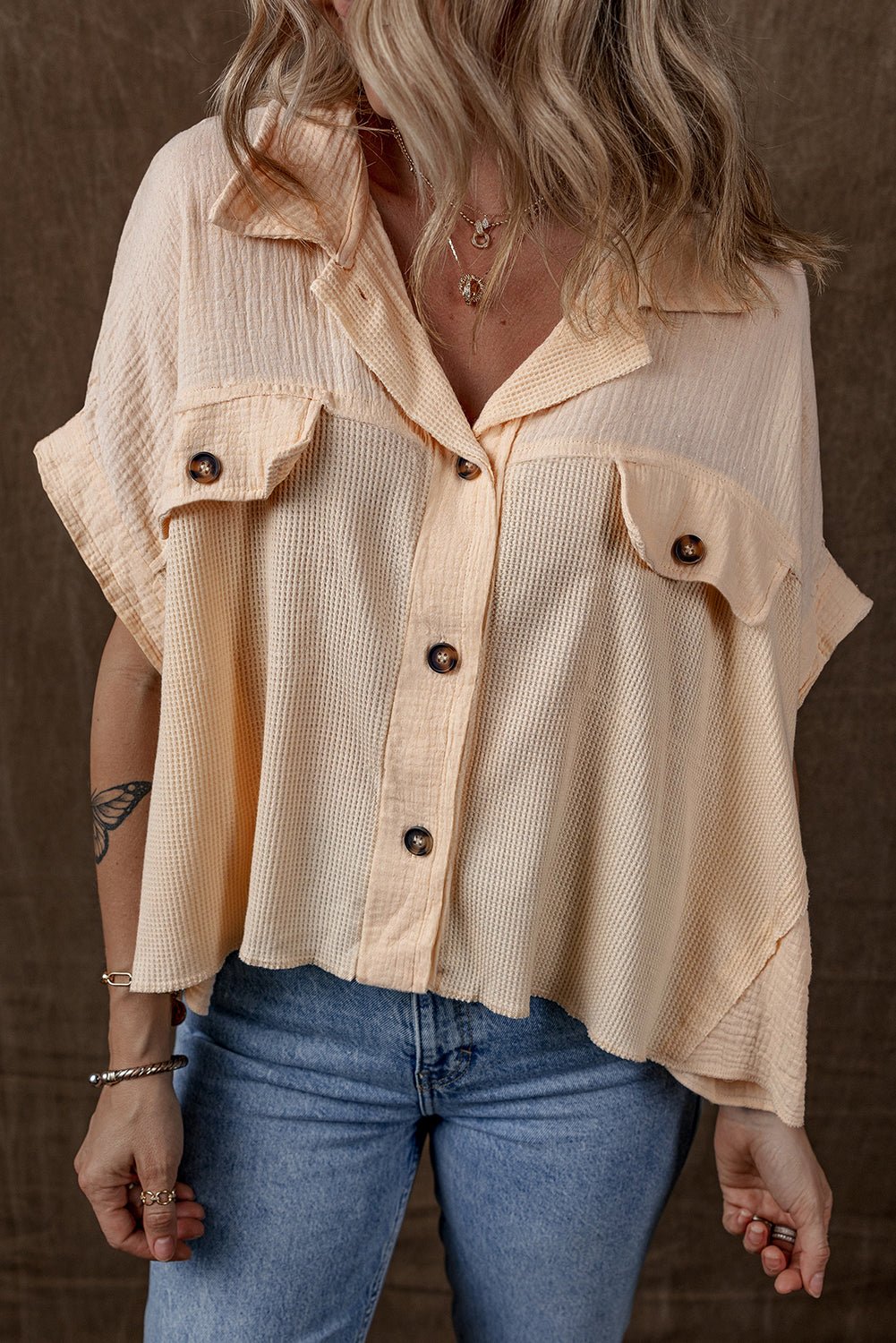 beige waffle crinkle patchwork short batwing sleeve shirt - MAD RUFFI