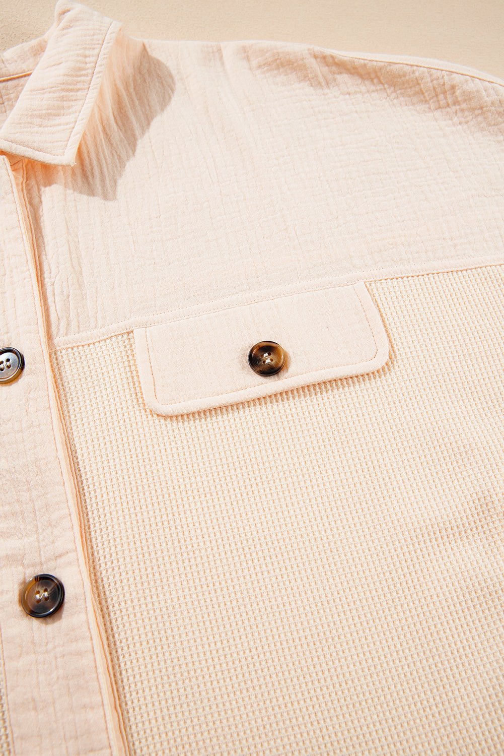 beige waffle crinkle patchwork short batwing sleeve shirt - MAD RUFFI