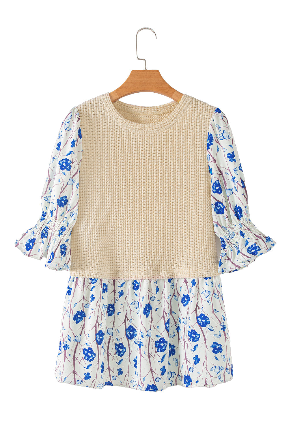 Beige Waffle Floral Patchwork Peplum Blouse - MAD RUFFI