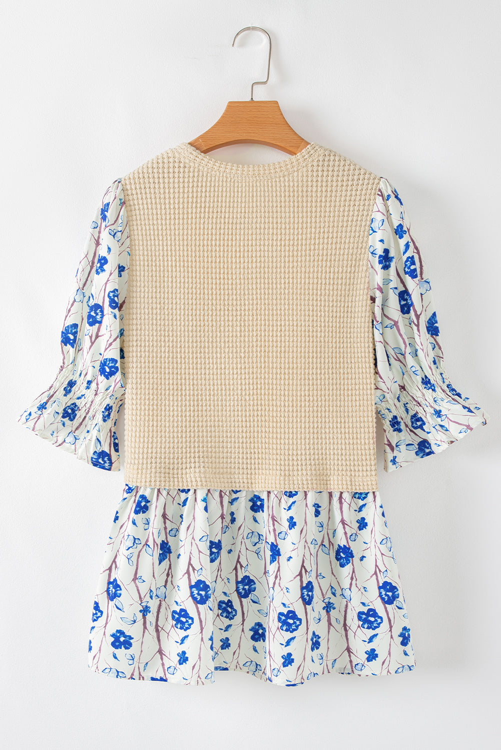 Beige Waffle Floral Patchwork Peplum Blouse - MAD RUFFI