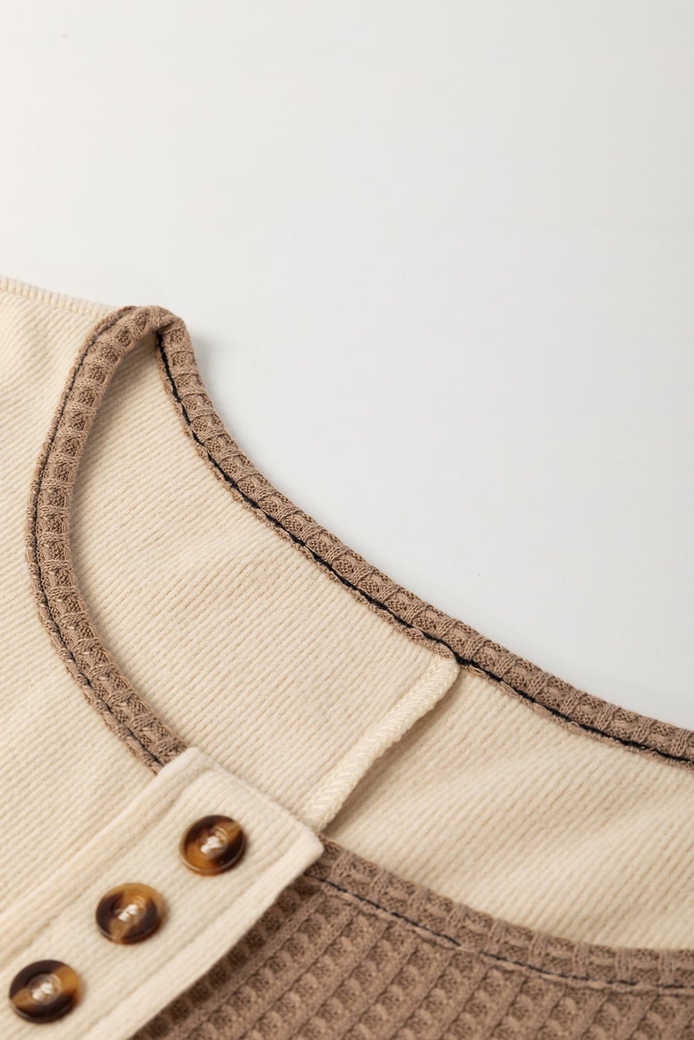 Beige Waffle Patchwork Stitch Detail Long Sleeve Henley Top - MAD RUFFI