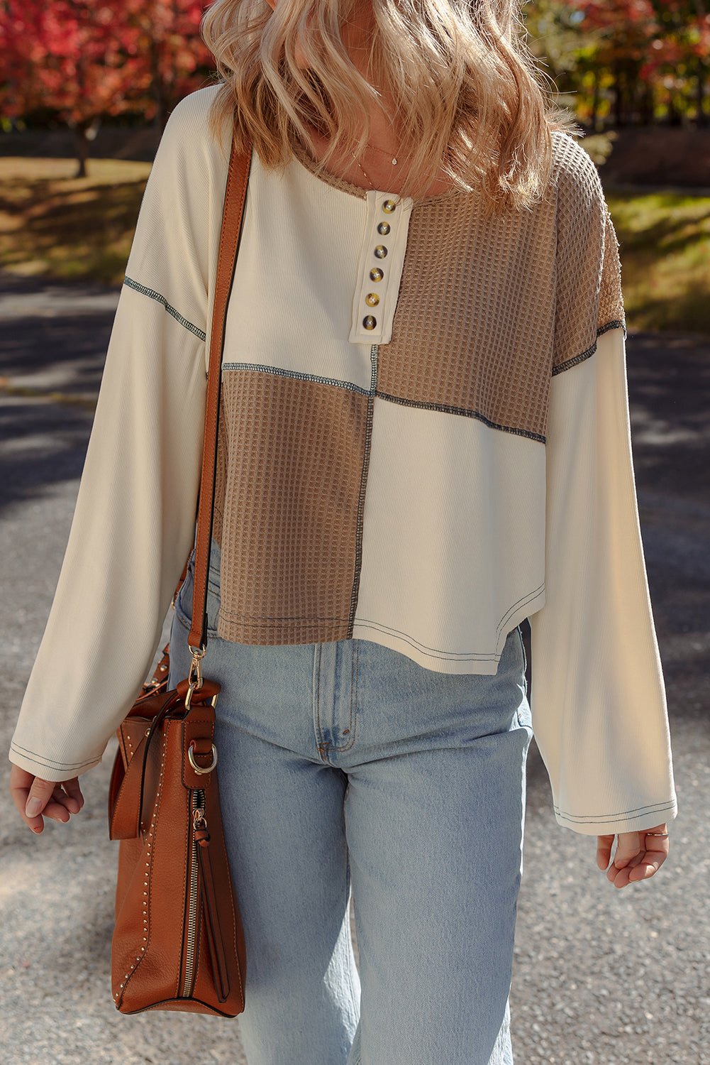 Beige Waffle Patchwork Stitch Detail Long Sleeve Henley Top - MAD RUFFI