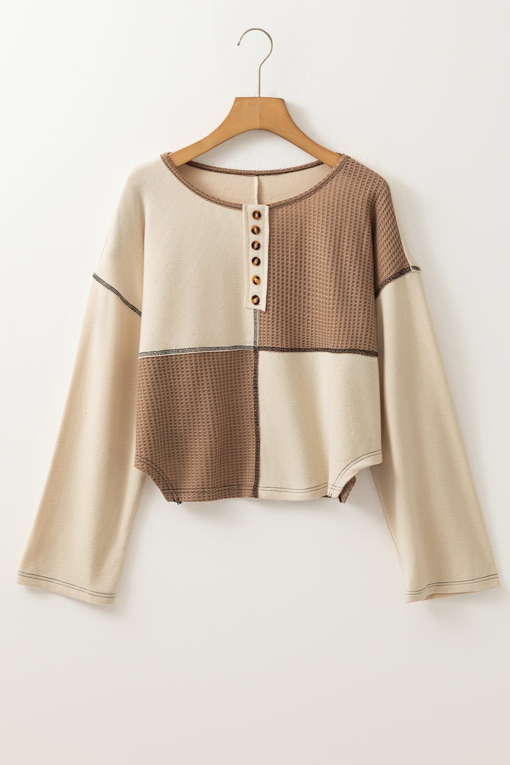 Beige Waffle Patchwork Stitch Detail Long Sleeve Henley Top - MAD RUFFI