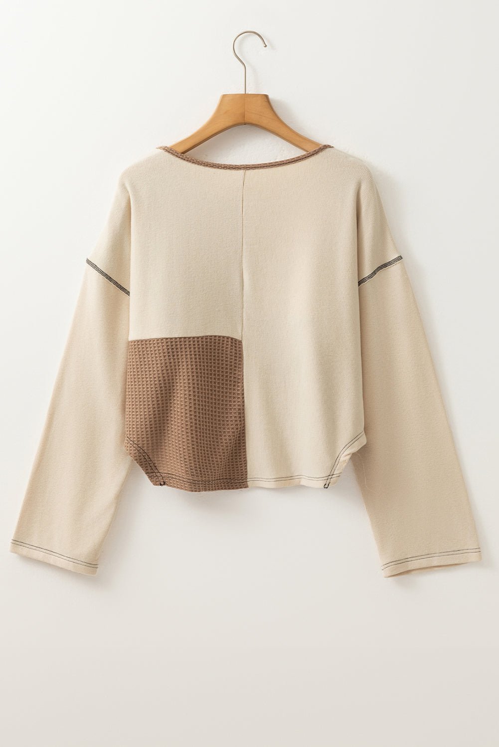 Beige Waffle Patchwork Stitch Detail Long Sleeve Henley Top - MAD RUFFI
