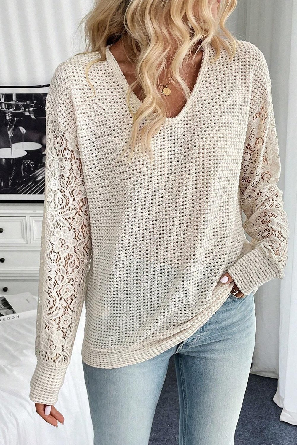 Beige Waffle V Neck Patchwork Lace Long Sleeve Top - MAD RUFFI