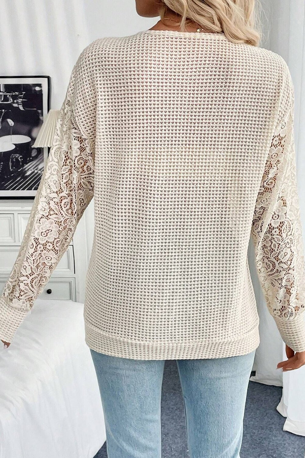 Beige Waffle V Neck Patchwork Lace Long Sleeve Top - MAD RUFFI