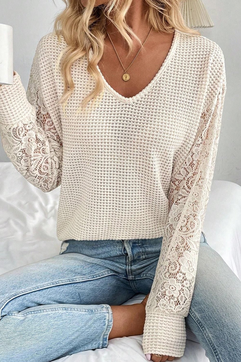 Beige Waffle V Neck Patchwork Lace Long Sleeve Top - MAD RUFFI